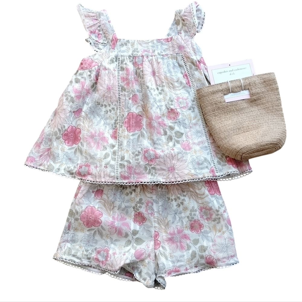 Cupcakes & Cashmere Girls Floral Matching Set Ruffle Top Shorts Purse Size 7/8"